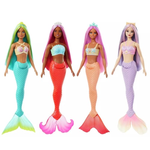 Four mermaid barbie dolls with assorted hair, skin tones and fishtails