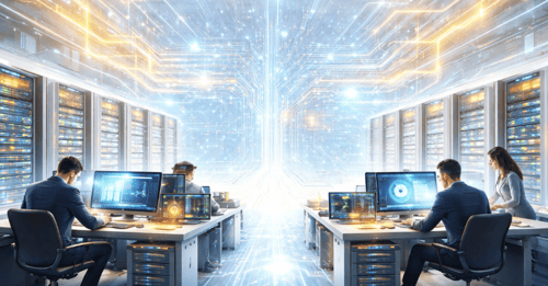 Four business professionals working at computer workstations in a futuristic data center corridor lined with server racks and streams of digital data flowing around them.