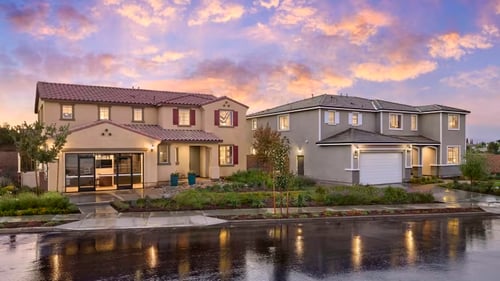 Street view of model homes in Villas at Highland Grove by Pulte Homes in Riverside, CA.