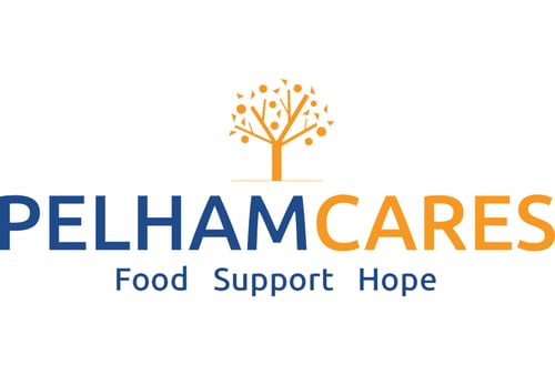 Logo depicting "Pelham Cares" in blue and orange text. Above, an abstract tree with round shapes symbolizes growth. Below, words read "Food Support Hope."