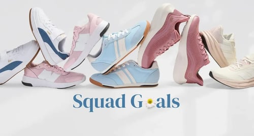 "Squad Goals" with different coloured sneakers stacked next to each other.