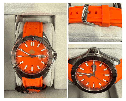 Golden Buffalo Men's Gold Tone Case Watch with Brown Leather Band and Green Dial with magnified date window.