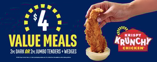 Promotional image of Krispy Krunchy Chicken $4 value meal featuring crispy fried chicken tender dipped in sauce with text reading “$4 Value Meals.”