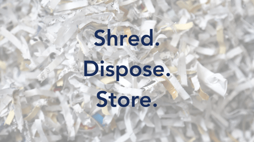 The words, "Shred. Dispose. Store." on a background of shredded paper