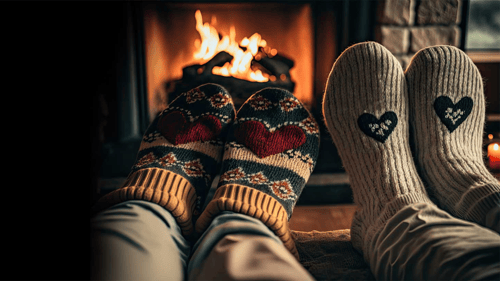 two people relaxing in front of fire place