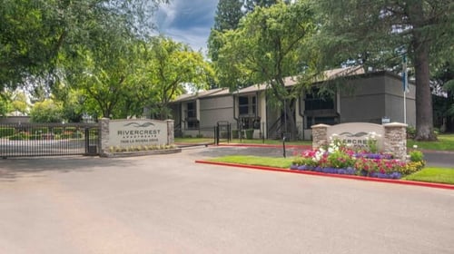 Apartment building entrance at Rivercrest Apartments, Sacramento, CA 95826