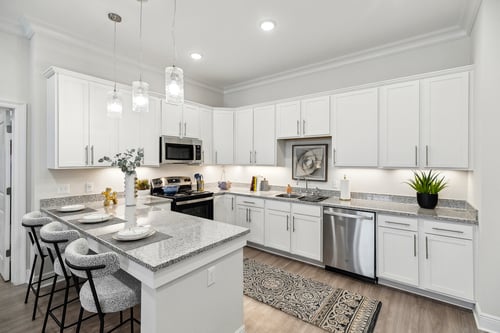 Elegant Luna Pearl Granite Countertops with Expansive Entertainment Island