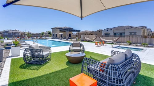 shaded pool lounge and sun deck at avilla camelback ranch in Phoenix, AZ