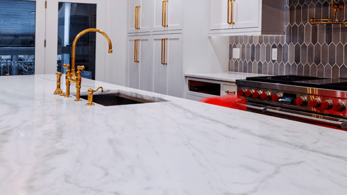 white marble kitchen countertop with sink