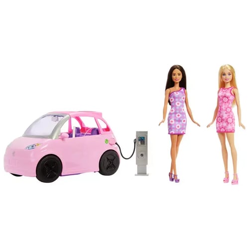 Two barbies with pink car and charging station