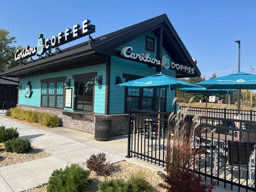 Storefront of the Caribou Coffee at 4199 Oakwood Parkway NE in St. Michael