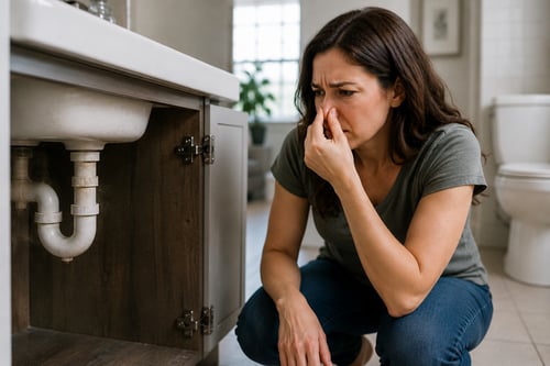 Woman noticing a sewer gas smell in her bathroom