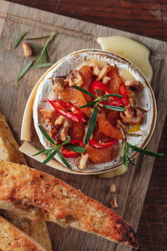 Baked Camembert, apricots, chilli, walnuts, warm sourdough