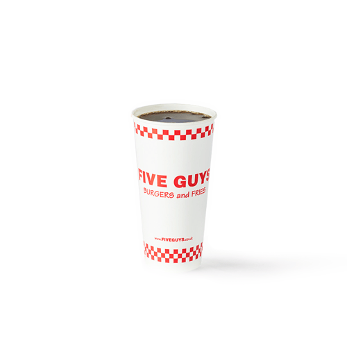 Five Guys food items including a bag of fries, a double cheeseburger with toppings and a drink.