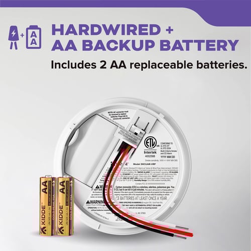 Hardwired + AA Backup Battery: includes 2 AA replaceable batteries.