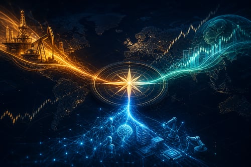 A glowing digital compass rose floating over a stylized world map on a dark navy background, with three converging light streams — amber for oil and energy, teal for broadening market indices, and electric blue for AI agents — meeting at a central focal point, with subtle upward-trending golden chart lines woven through the background.