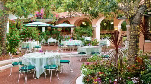 Patio of Polo Lounge restaurant at The Beverly Hills Hotel
