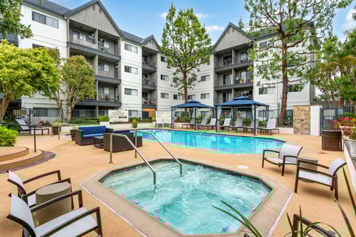Community Building and Swimming Pool at 55+ FountainGlen Goldenwest Senior Apartments, Westminster, CA