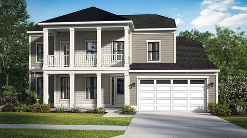 Two story tan home with two care garage in the DRB Homes Barbados home plan in the DRB Homes Chase Oaks Community