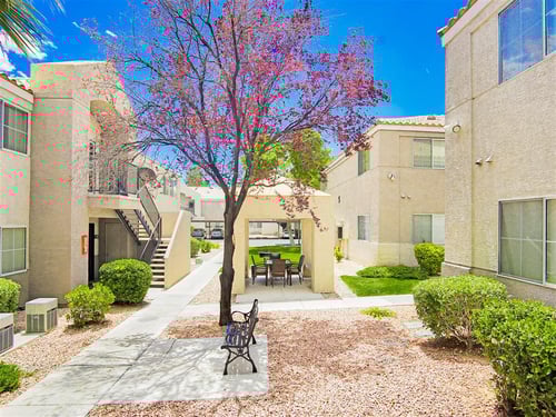 Peaceful sitting area next to a tree with red leaves with a metal bench underneath at Country Club at Valley View Senior Apartments in Las Vegas, Nevada, 89102