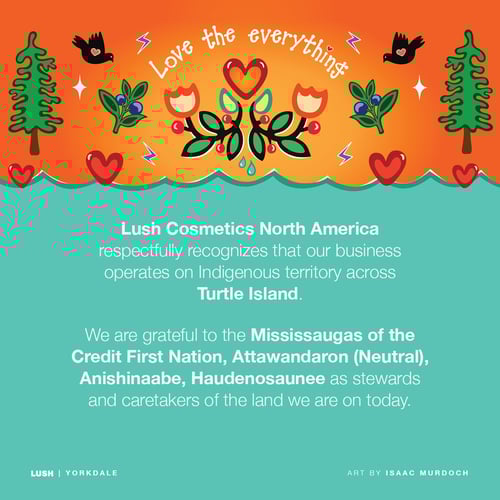 Lush Cosmetics North America respectfully recognizes our business operates on Indigenous territory across Turtle Island. We are grateful to the Mississaugas of the Credit First Nation, Attawandaron (Netural), Anishinaabe, Haudenosaunee as stewards and caretakers of the land we are on today.