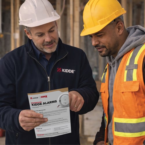 Two men review a product data sheet.