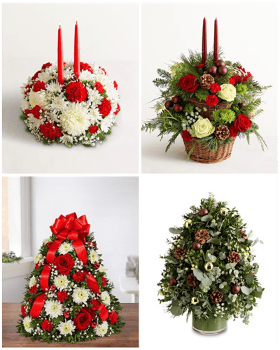 Bout Woodland Noel Tree NEW This tabletop evergreen tree is the type of Christmas tree woodland sprites would frolic around. White hypericums and limoniums, Queen Anne’s lace, and other Christmas greenery are accented with gold and burgundy ornaments.