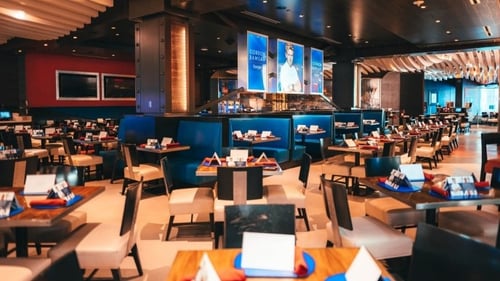 Gordon Ramsay Burger Fire Sign at Planet Hollywood in Las Vegas. The Gordon Ramsay Burger at Planet Hollywood Resort & Casino in Las Vegas uses only the freshest quality ingredients, and its beef patties are cooked over an open flame fueled by hardwoods. Gordon Ramsay Burger is the only restaurant on the Strip to use this method - creating a more complex and powerful flavor.  A 30-foot-fire feature takes center stage at Gordon Ramsay Burger Las Vegas, within a vividly colored room which seats 200 people. The room has been designed with a stylish ambience drawing on the energy of both the casino and the nearby Miracle Mile shops.