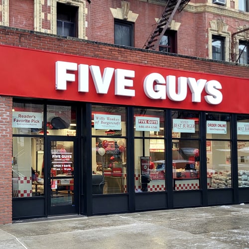 Exterior photograph of the Five Guys restaurant at 188 2nd Avenue in New York City.