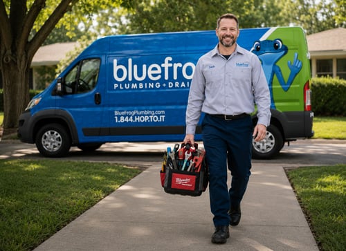 bluefrog plumbing walking into home with van in the back