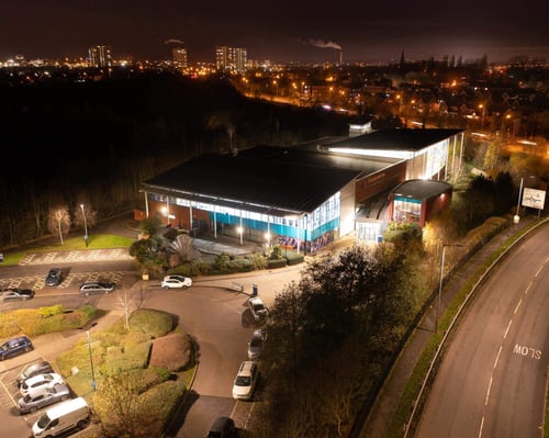 A night time birds-eye view of the outside of Wolverhampton Swimming & Fitness Centre