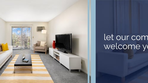 Living area with text on right, "let our community welcome you in"