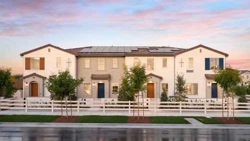 Street view of model homes in Clover at Wildflower Acres by Pulte Homes in Ontario, CA.