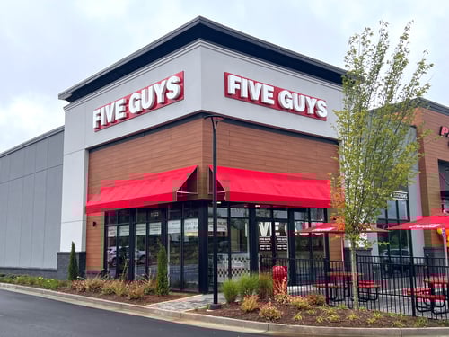 Entrance to the Five Guys at 1125 Ernest W. Barrett Parkway NE in Kennesaw, Georgia.