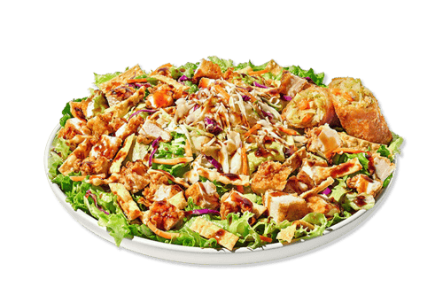 Asian Zensatinon Zalad™ with mixed greens with carrots and red cabbage, wonton strips, asian slaw, and a drizzle fo Teriyaki Sauce with fried chicken.