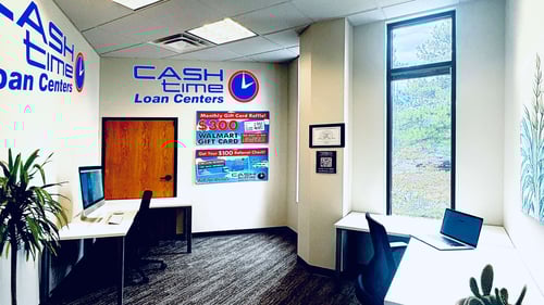 Interior of Cash Time Flagstaff loan center offering title loan buyouts, registration loans, and personal loans with same day cash and fifteen minute approvals