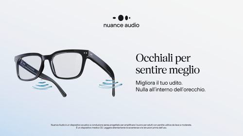 NUANCE AUDIO è un nuvo dispositivo acustico invisibile, integrato nei tuoi occhili per ogni tipologia di lente da vista, disponibile in due modelli e in tre diversi colori