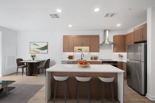 Spacious kitchen with an Island and stainless steel appliances at Essen Apartments in Alexandria, VA 22311