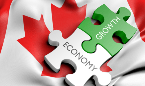 Two puzzle pieces fit together with the Canadian flag in the background. One piece says economy and one piece says growth.