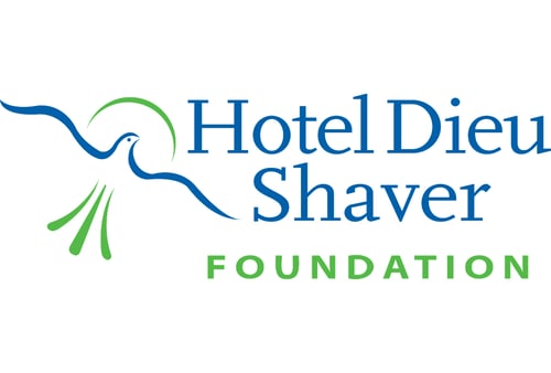 Logo of Hotel Dieu Shaver Foundation: Stylized blue and green bird beside the foundation's name in blue, with "Foundation" in green below.