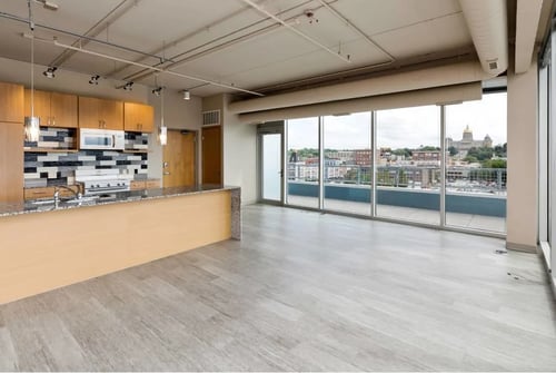 Spacious open kitchen with granite countertops, City Square Lofts, Des Moines, IA, 50309
