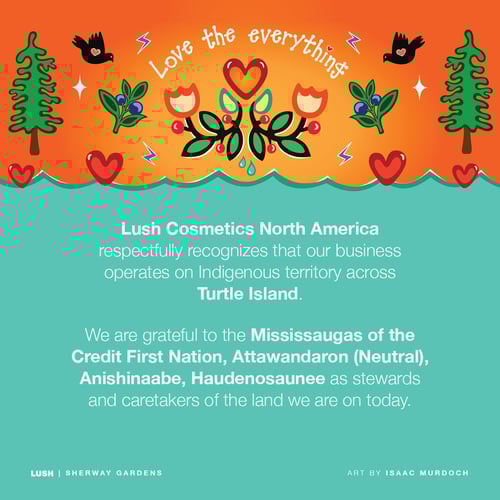 Lush Cosmetics North America respectfully recognizes our business operates on Indigenous territory across Turtle Island. We are grateful to the Mississaugas of the Credit First Nation, Attawandaron (Netural), Anishinaabe, Haudenosaunee as stewards and caretakers of the land we are on today.