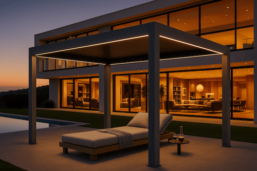 Modern aluminum pergola installed in a Southern California backyard