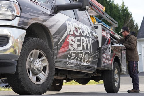 Taking out equipment from the service truck