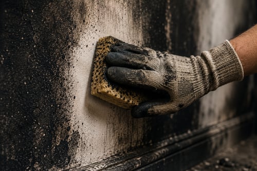 Gloved hand cleaning soot from a smoke-damaged wall after a house fire.