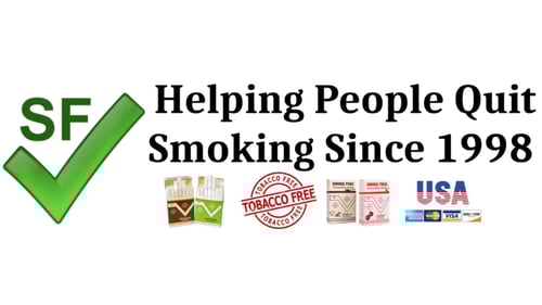 Green check mark next to various packs of nicotine free cigarettes