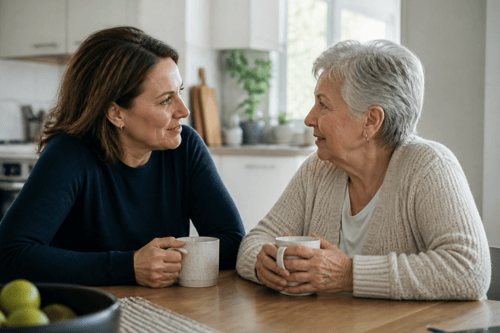 Two adults having a trusting conversation over coffee at a kitchen table