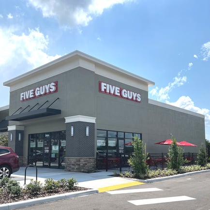 Exterior photograph of the Five Guys restaurant in Wesley Chapel Florida.