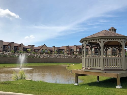Pond, fountain and gazebo at Saint Therese of Woodbury senior living in Woodbury, Minnesota.