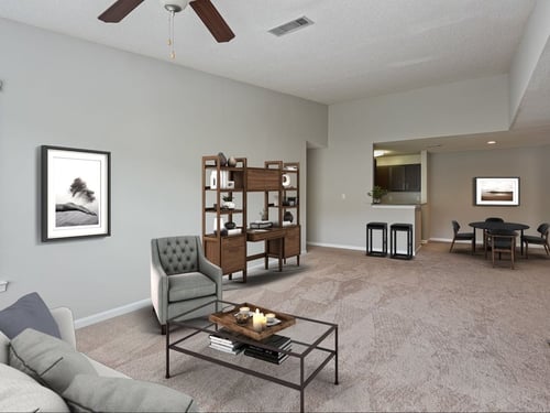 Living room and dining room at Addison at Cobblestone in Fayetteville, GA 30215